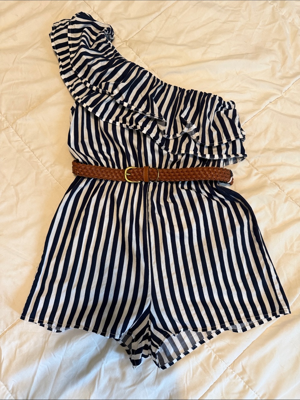 Pink Owl Navy and White Striped One-Shoulder Romper with Brown Belt